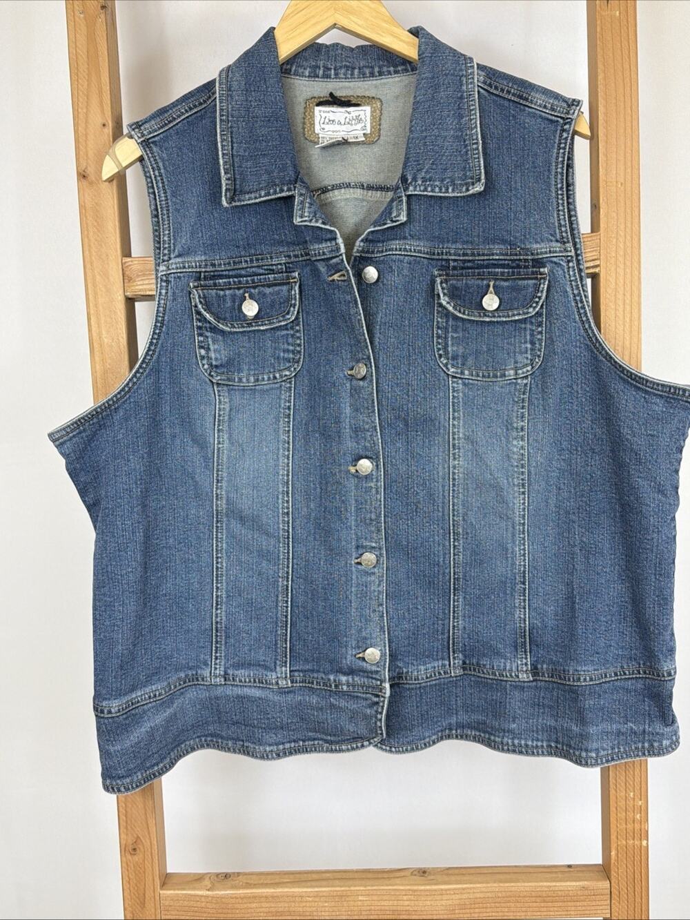 Vintage Live A Little Blue Denim Vest Chest Pockets Silver Buttons 1X Hong Kong